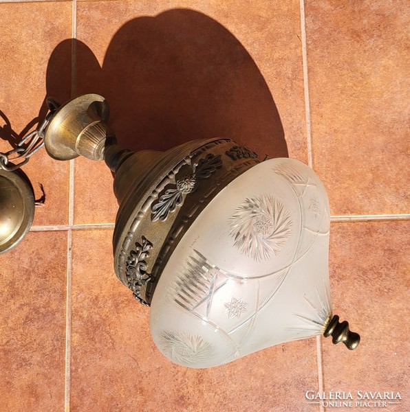 100-year-old ceiling pendant lamp, copper chandelier, with original polished glass shade