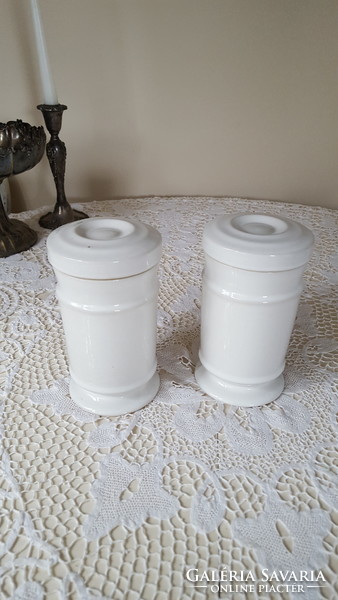 2 antique, thick porcelain apothecary jars.