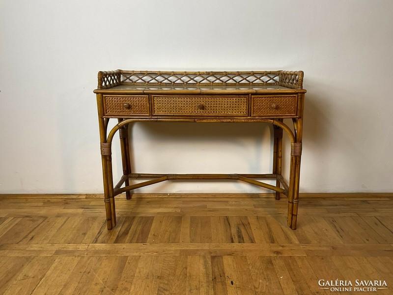 Rattan glass top desk retro table