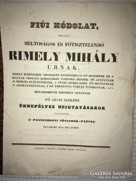 /1843/Rimely Mihály Urnak,Fő Apáti Székbe Ünnepélyes Beigtatásakor Tisztelge A Pannonhegyi Növendé