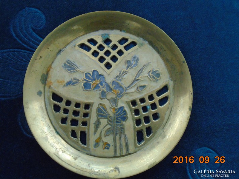 3 pieces enamel art nouveau floral, openwork solid copper bowl, coaster
