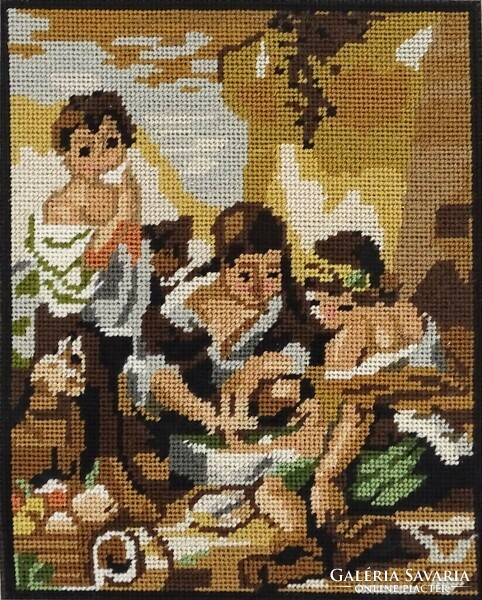 1M351 old needle tapestry: vintage scene with putts