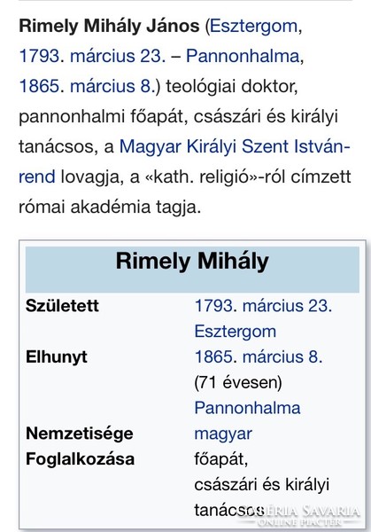 /1843/Mr. Mihály Rimely would be consecrated as the abbot of St. Martin. Monk of St. Benedict. Widow streibig