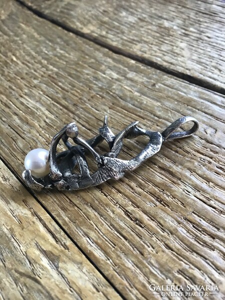 Old handcrafted silver pendant with real pearl