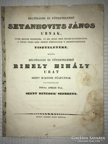 /1843/Rimely Mihály Urat Szent Mártoni Főapátnak Fölszentelné.Szent Benedek Szerzete. Özv Streibig