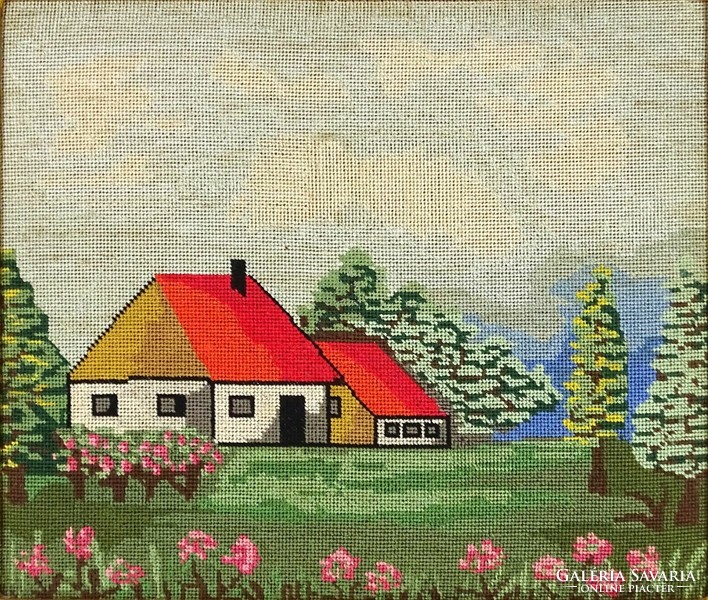 1M350 old needle tapestry: house with a red roof