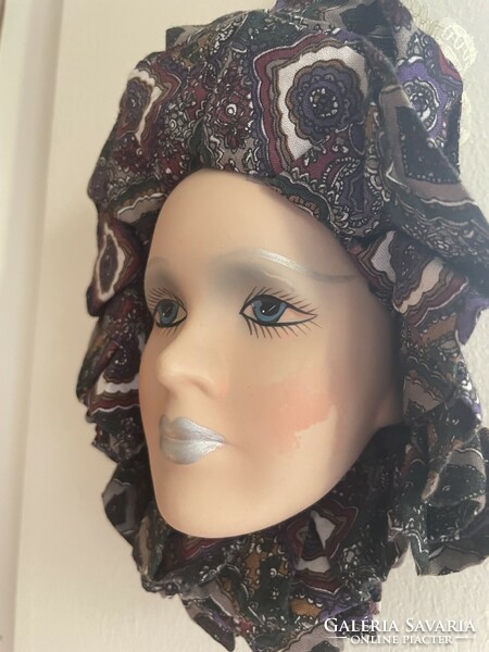 Applied art harlequin ceramic doll head with batik