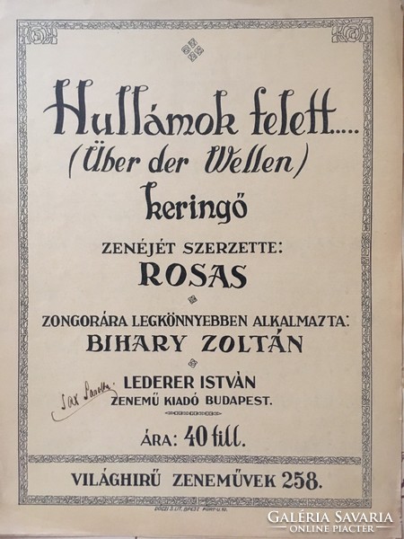 Antik kotta! Hullámok felett/ keringő! Zenéjét szerzette; Rosas. Ára 40 fillér.