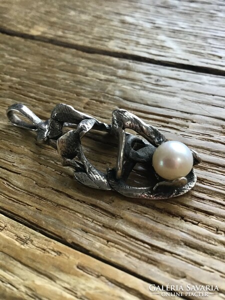 Old handcrafted silver pendant with real pearl