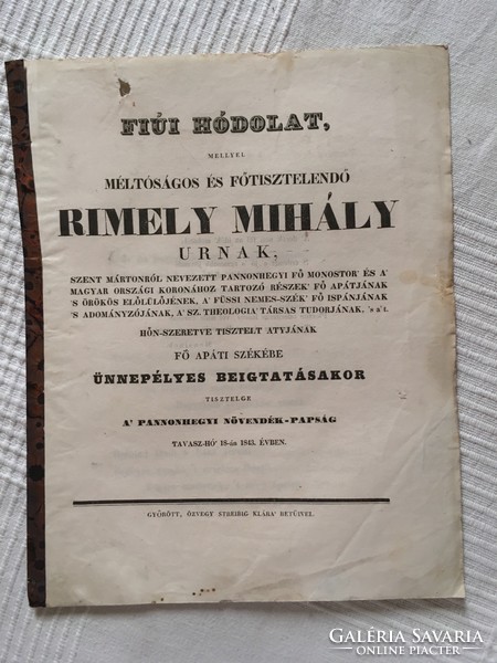 /1843/Rimely Mihály Urnak,Fő Apáti Székbe Ünnepélyes Beigtatásakor Tisztelge A Pannonhegyi Növendé