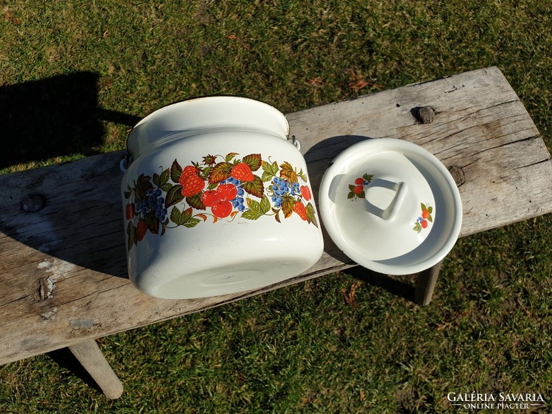Vintage old strawberry patterned enamel ear can with enameled milk jug
