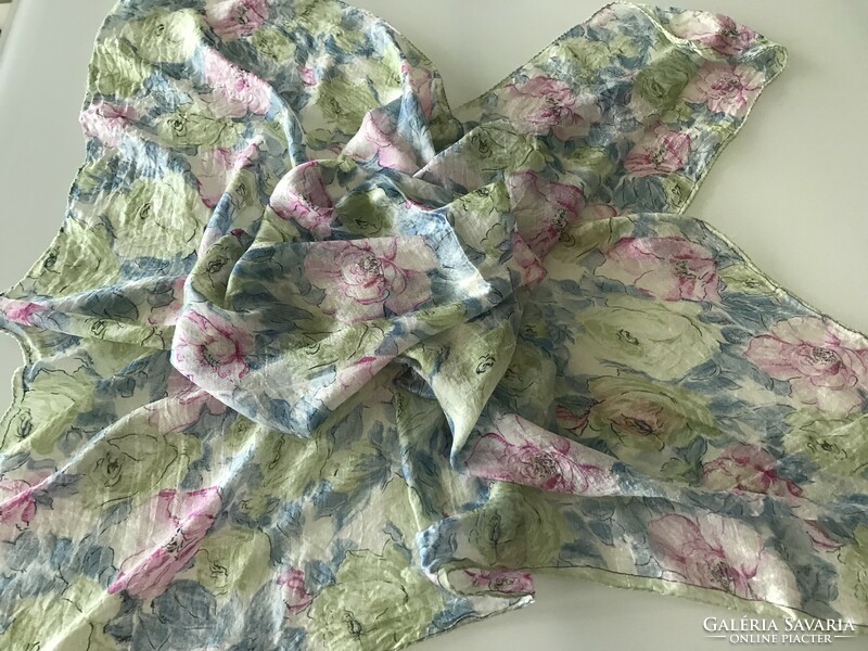 Silk scarf decorated with pastel roses, 100 x 96 cm