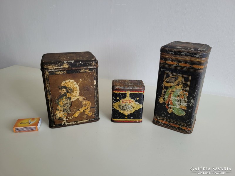 Régi fémdoboz vintage kínai mintás teás pléh doboz 3 db