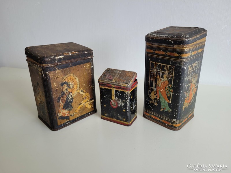 Old metal box, vintage Chinese pattern tea tin box 3 pcs