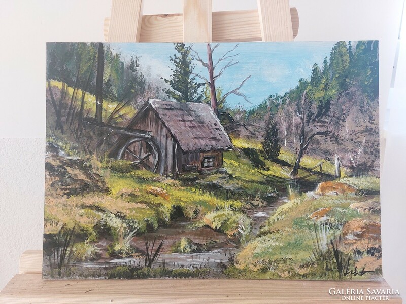 (K) beautiful landscape painting with stream and house 45x33 cm