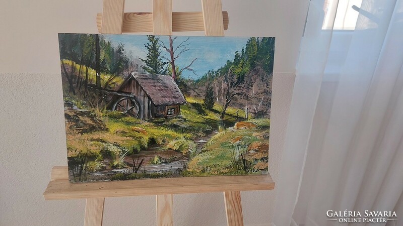 (K) beautiful landscape painting with stream and house 45x33 cm