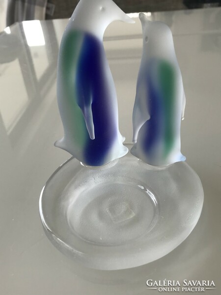 Handmade glass candle holder with penguins, partylite, 13 cm high