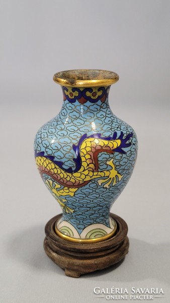 Chinese Dragon Enamel Copper Vase with Wooden Pedestal