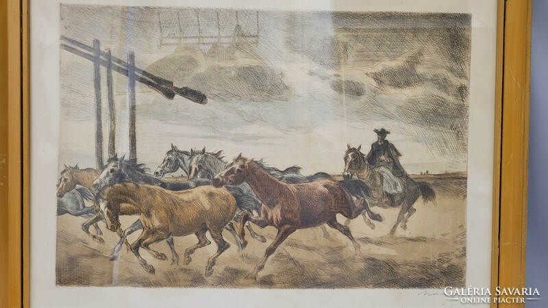 Colored etching by István Benyovszky on horseback