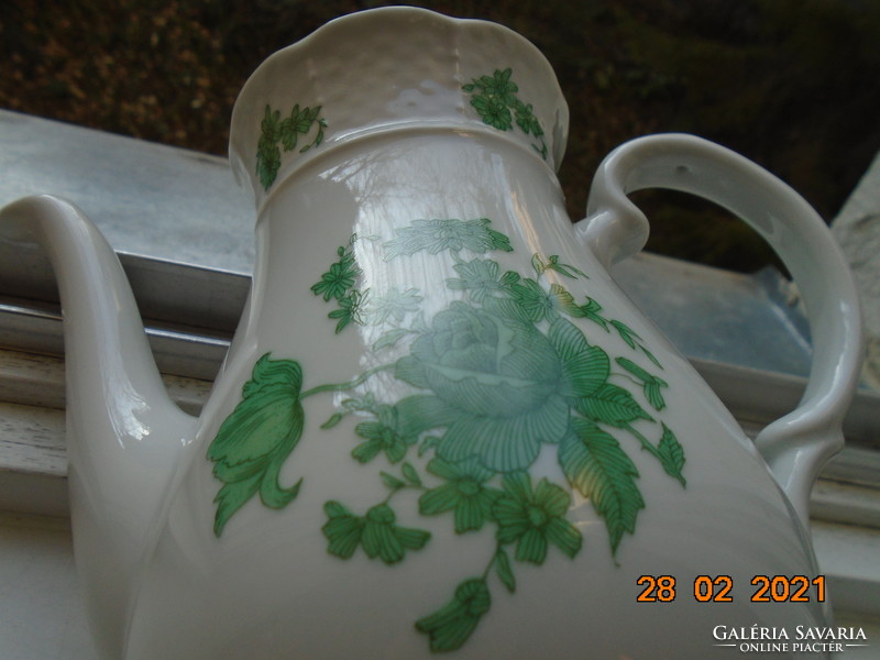 Antique Czech tk thun with green rose pattern. Embossed basket pattern coffee spout
