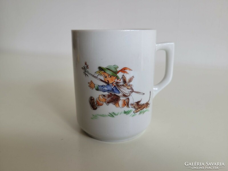 Old Zsolnay porcelain mug fairy tale patterned teacup boy bunny dog motif