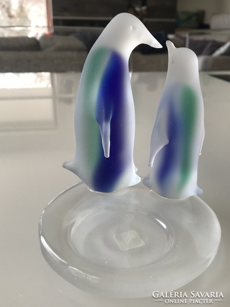 Kézműves üveg mécsestartó pingvinekkel, Partylite, 13 cm magas
