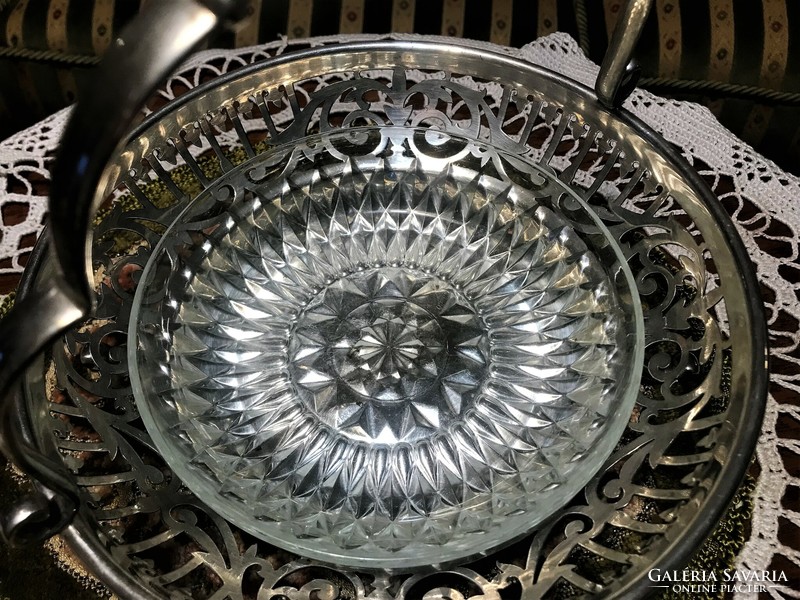 High-gloss, antique, silver-plated, openwork, serving bowl or basket, with a flawless glass bowl