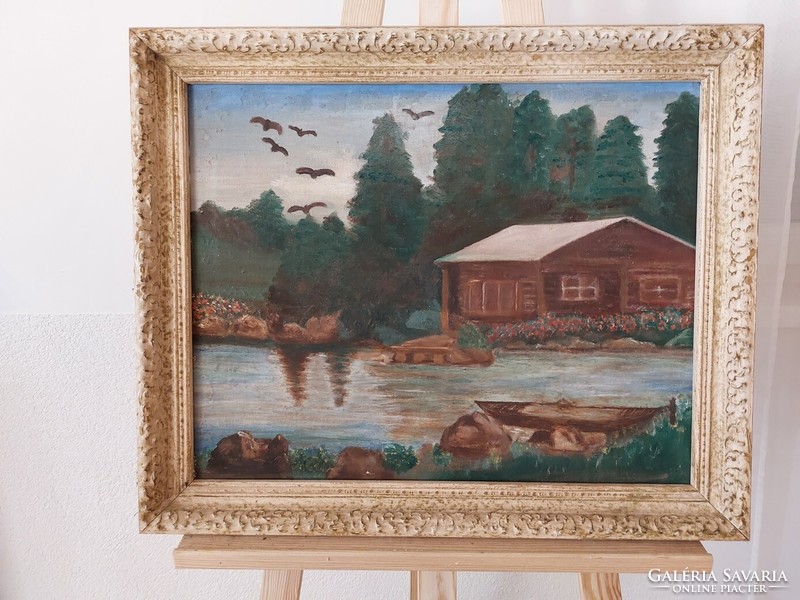 (K) Ház a vízparton festmény 58x49 cm kerettel