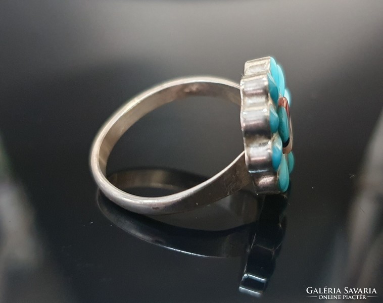 Zuni Indián -USA- Türkiz Koráll Gyöngyház Onyx Berakásos Gyűrű I.