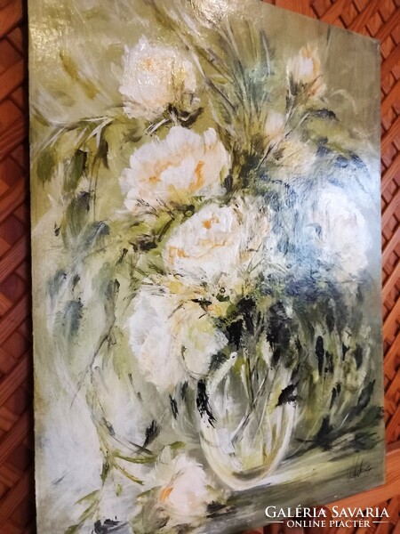 "TAVASZI TEARÓZSÁK"virágcsendélet"festmény farostlemezen 40 x 54 cm