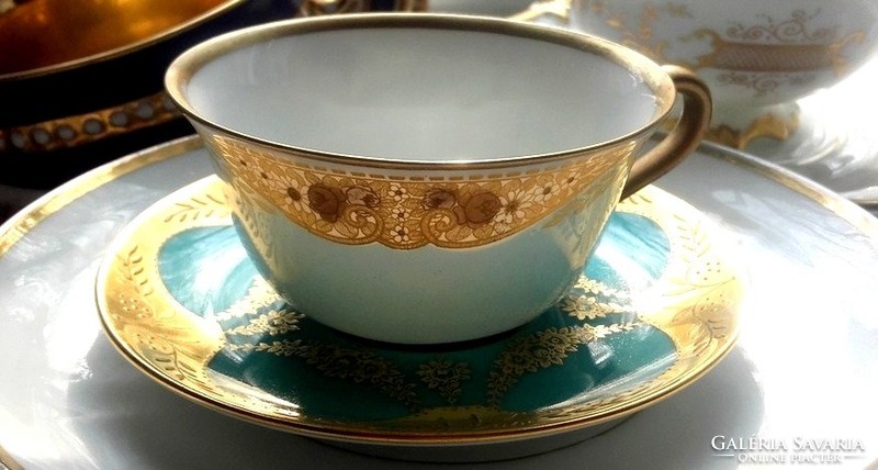 Antique hand-painted turquoise and gold beautiful porcelain cup and  saucer - from 1914