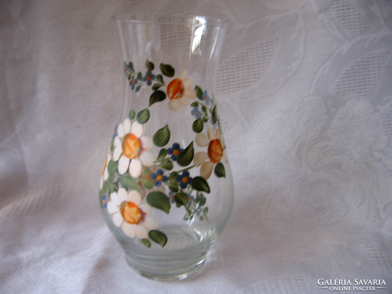 Daisy, forget-me-not hand-painted glass vase