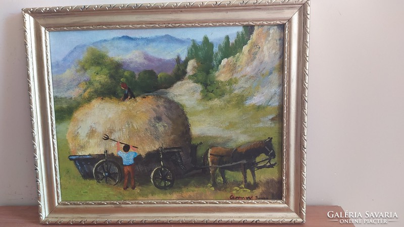 (K) Szép vidéki életkép festmény 38x47 cm szignózott Foxpostba is.