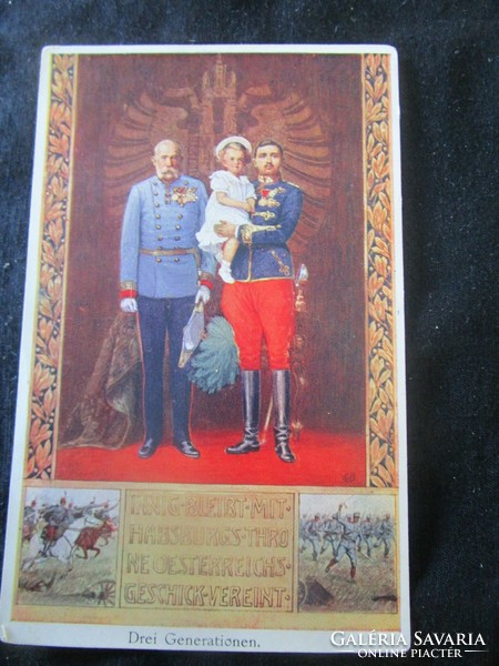 Around 1914 Hungarian king József Ferenc + later iv. Crown Prince Károly + Otto color postcard