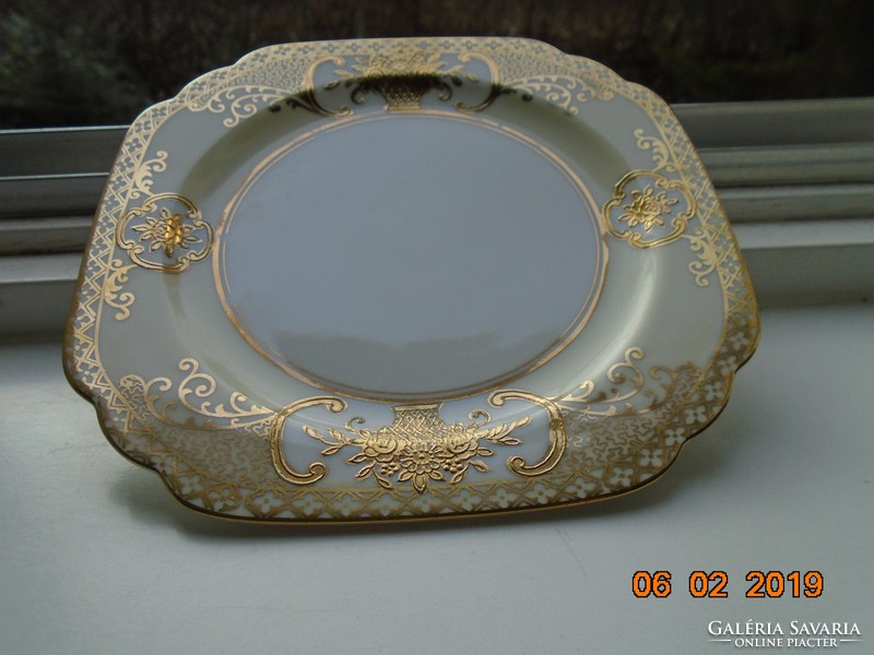 1920 NORITAKE luxus japán Art Deco porcelán tányér, aranybrokát virágkosár minta,44318 mintaszám