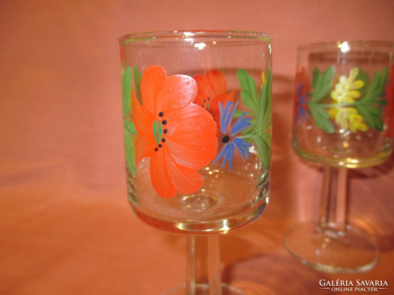 6 db pipacsos-búzavirágos talpas likőrös üveg pohár