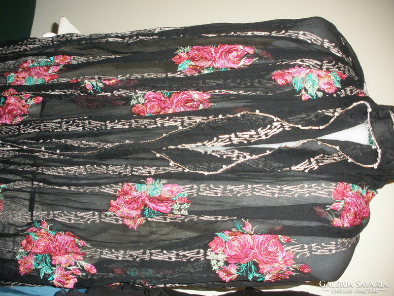 Embroidered, beaded black silk stole 80x240