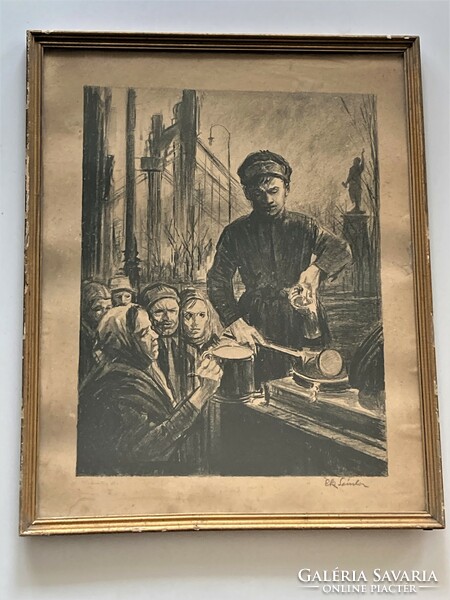 Sándor Ék (1902-1975): distribution of food, 1945, lithography