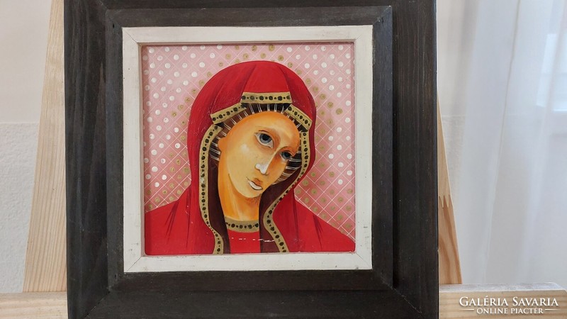 (K) small Madonna painting 27x27 cm with frame