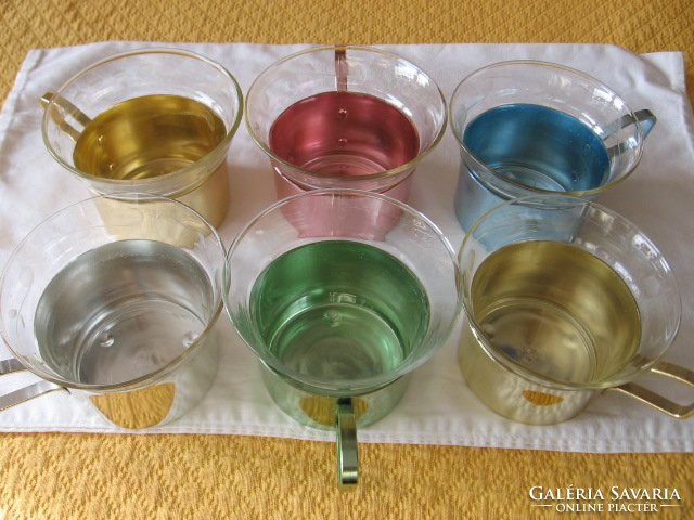 Retro rockabilly Jena tea glasses in colored aluminum holder, with tray, 50s