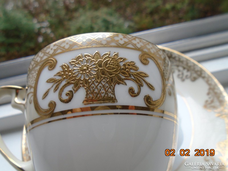 1920 Noritake Luxury Japanese Art Deco Gold Brocade Flower Basket Pattern Novelty Chocolate Cup with Coaster