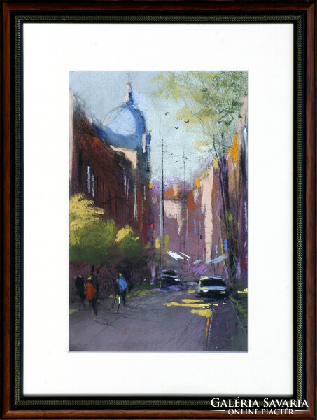 Ede Pósa: Small-town afternoon - framed: 42x32 cm - artwork size: 28x18 cm - 188/550