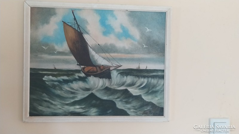 (K) Szép szignált hajós festmény 53x44 cm kerettel