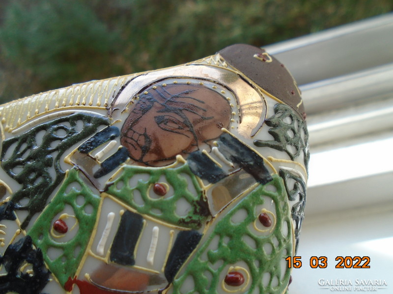 Satsuma moriage hand painted rhomboid vase with dog lid, cannon and rakan pattern