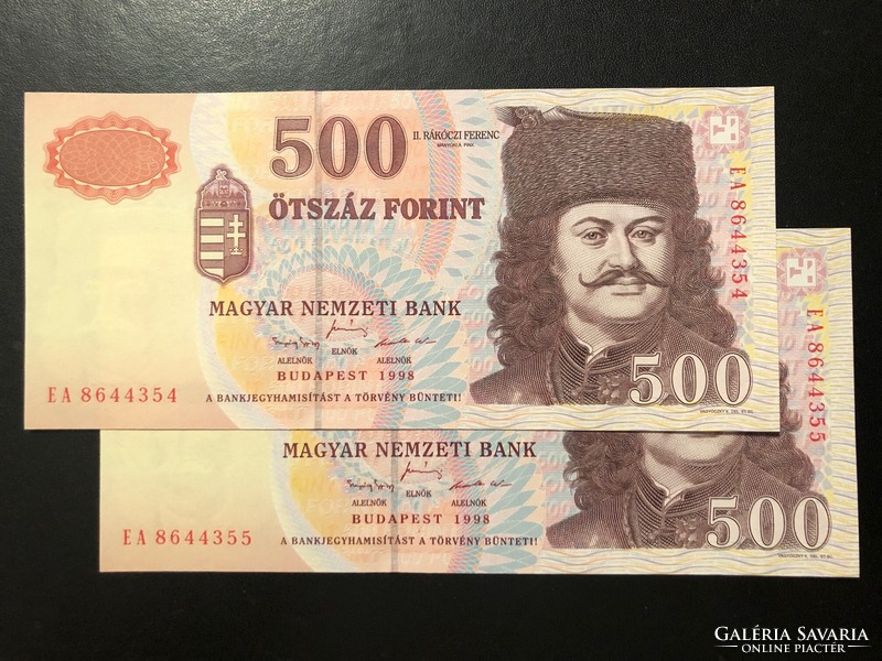 500 forint 1998. "EA".  2 db sorszám követő!!   UNC!!