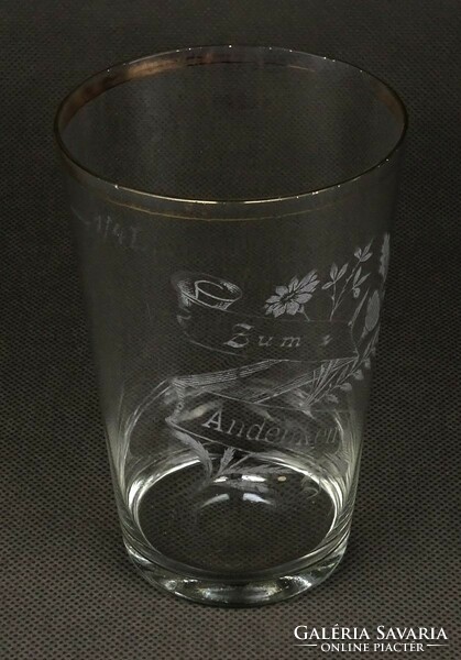 1L986 Antik osztrák fürdő pohár ZUM ANDENKEN feliratos üveg pohár 11 cm