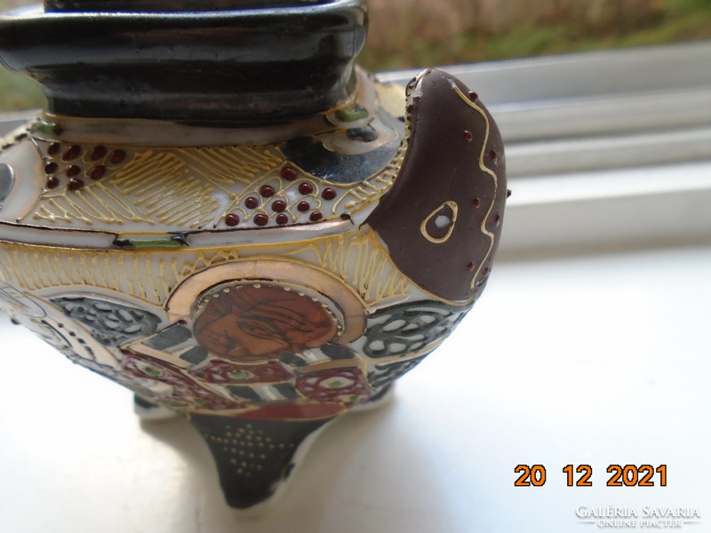 Satsuma moriage hand painted rhomboid vase with dog lid, cannon and rakan pattern