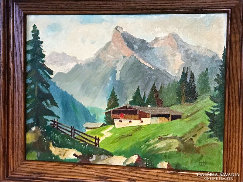 Oil-on-wood painting of an alpine landscape in a wooden frame