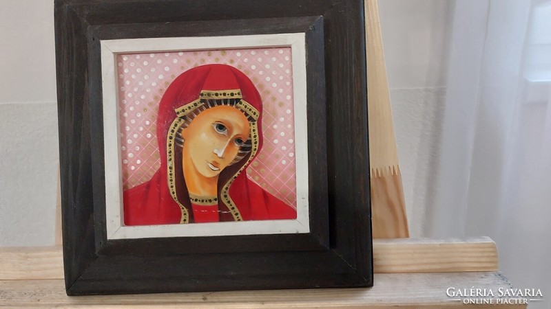 (K) small Madonna painting 27x27 cm with frame