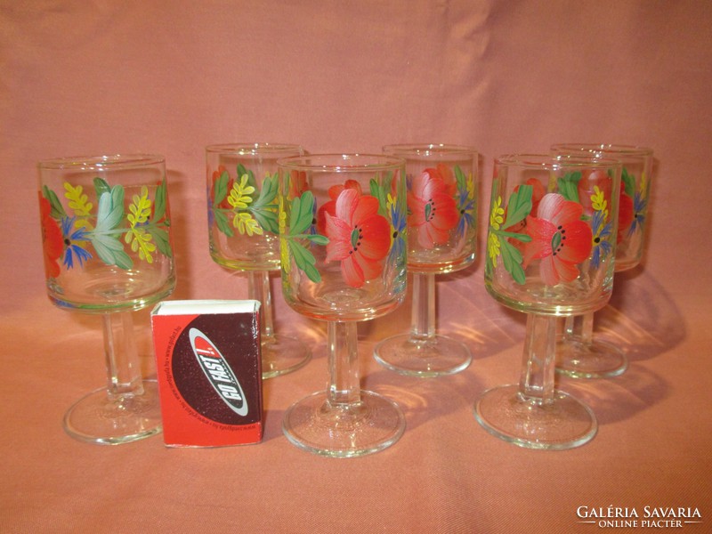 6 db pipacsos-búzavirágos talpas likőrös üveg pohár